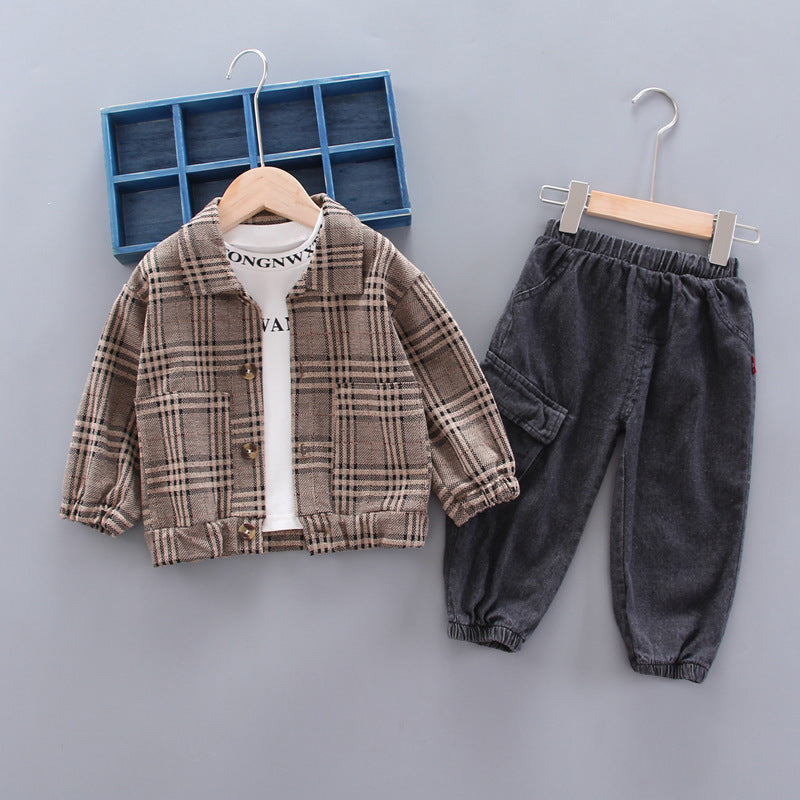 韓国風 チェック柄ジャケット&パンツ 2点セット 男の子 長袖 春秋カジュアルスーツ | Baby Boy Long Sleeve Plaid Jacket and Pants Set