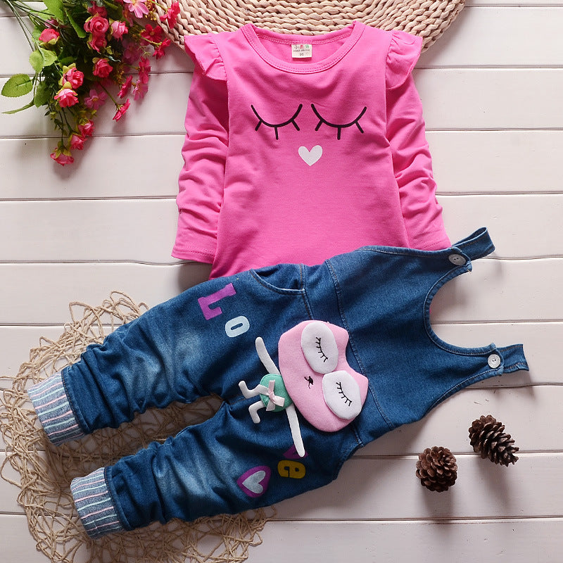 韓国風 綿スウェット&デニムビブ 2点セット 女の子 長袖 春秋カジュアル | Girls Korean Cotton Sweater Denim Bib Two-Piece Set Long Sleeve Spring Autumn Casual