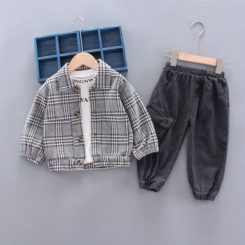 韓国風 チェック柄ジャケット&パンツ 2点セット 男の子 長袖 春秋カジュアルスーツ | Baby Boy Long Sleeve Plaid Jacket and Pants Set
