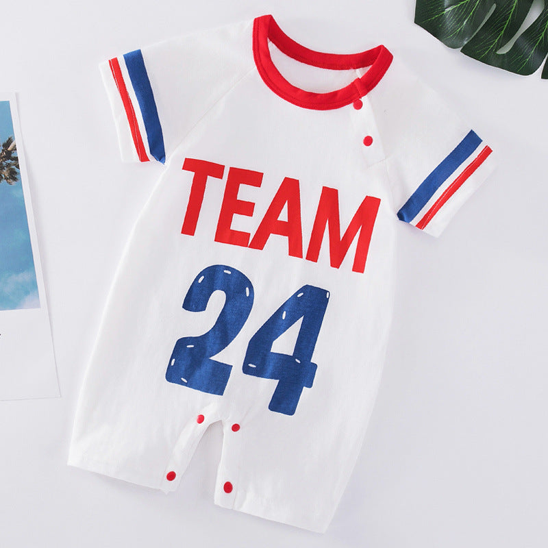 赤と青のライン入りベビーロンパース TEAM24 デザイン