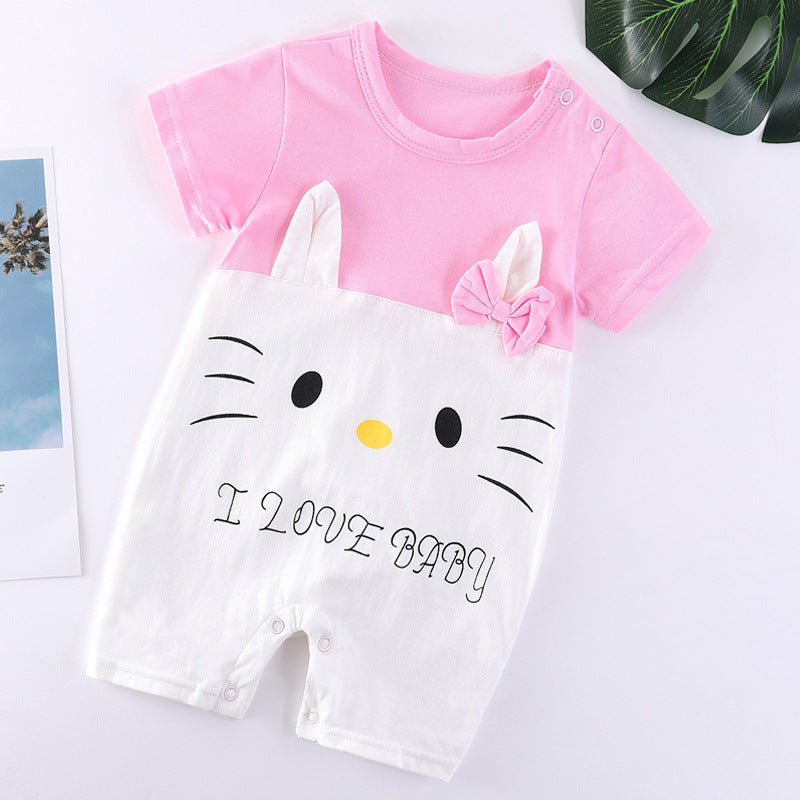 ピンクとホワイトのベビーロンパース ねこモチーフ I LOVE BABY プリント