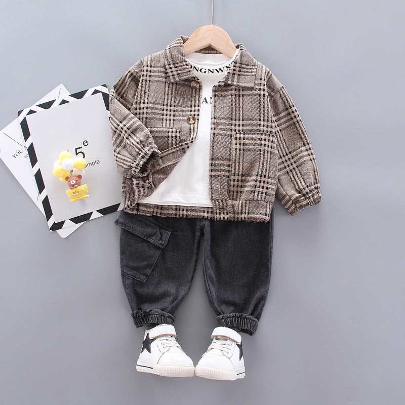 韓国風 チェック柄ジャケット&パンツ 2点セット 男の子 長袖 春秋カジュアルスーツ | Baby Boy Long Sleeve Plaid Jacket and Pants Set