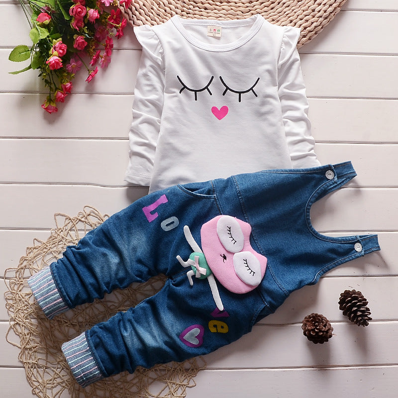韓国風 綿スウェット&デニムビブ 2点セット 女の子 長袖 春秋カジュアル | Girls Korean Cotton Sweater Denim Bib Two-Piece Set Long Sleeve Spring Autumn Casual