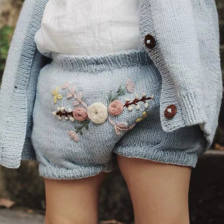 ピュアウール手刺繍ラビット ガールズカーディガン|Pure Wool Hand-Embroidered Rabbit Cardigan for Girls, Long Sleeve, Single-Breasted, Crew Neck