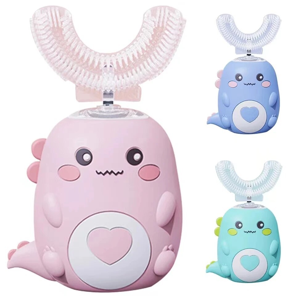 ピンクカラーのU字型ブラシヘッド付き子供用電動歯ブラシのクローズアップ