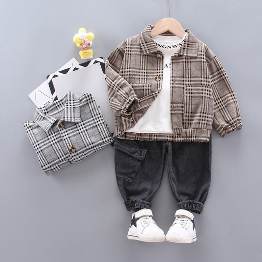 韓国風 チェック柄ジャケット&パンツ 2点セット 男の子 長袖 春秋カジュアルスーツ | Baby Boy Long Sleeve Plaid Jacket and Pants Set