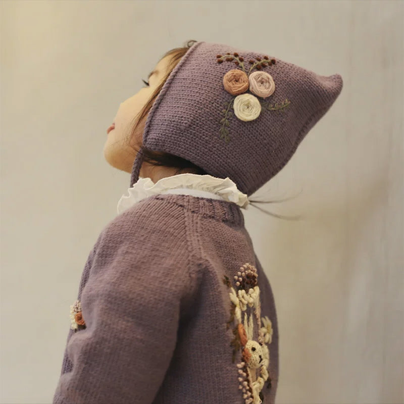 ピュアウール手刺繍ラビット ガールズカーディガン|Pure Wool Hand-Embroidered Rabbit Cardigan for Girls, Long Sleeve, Single-Breasted, Crew Neck
