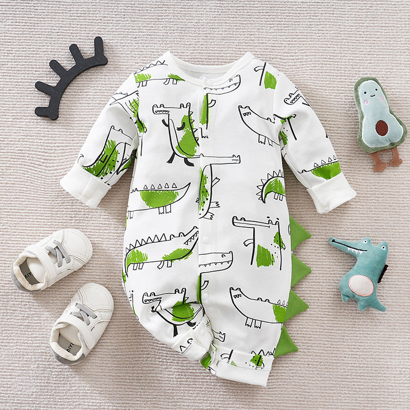 ワニプリント長袖ベビーつなぎ|Alligator Graffiti Cotton Baby Onesie, Long Sleeve, Soft Fabric, Unisex Design