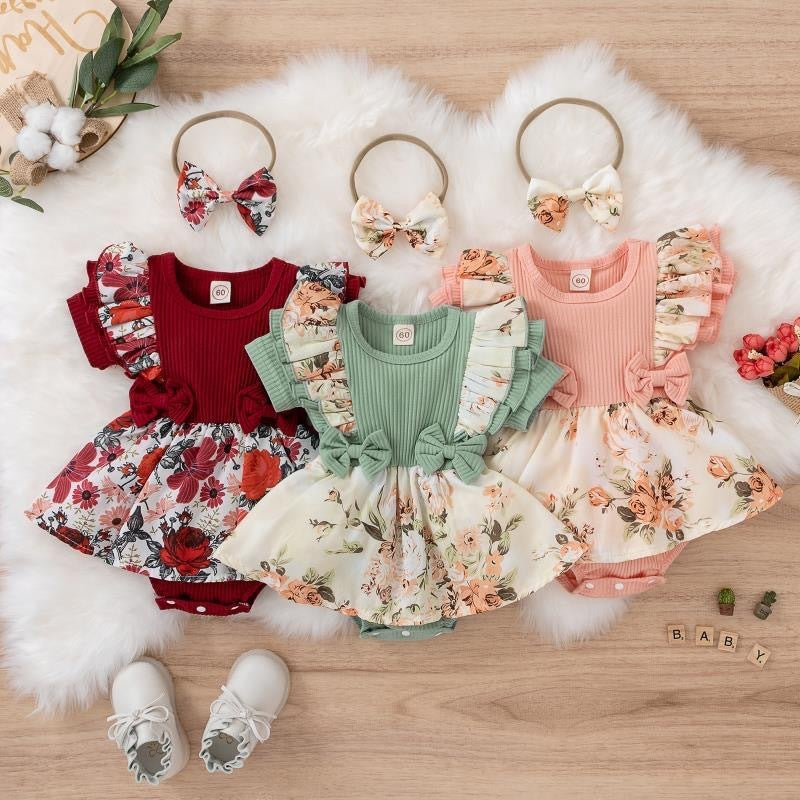 ワインレッド フローラルベビー服 スカート風デザイン