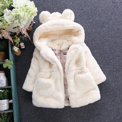 girls faux fur hooded winter jacket in beige color front view