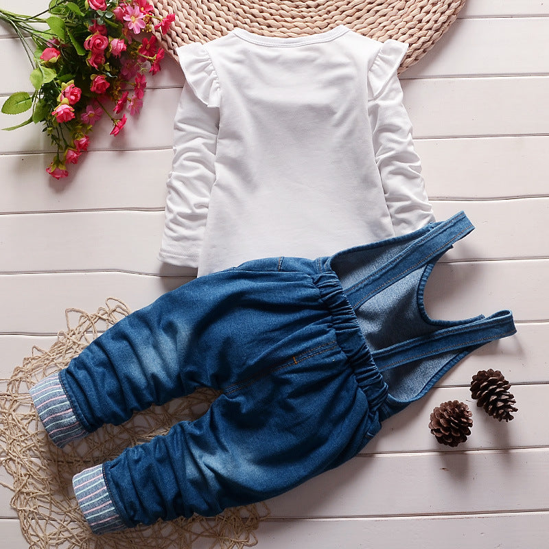 韓国風 綿スウェット&デニムビブ 2点セット 女の子 長袖 春秋カジュアル | Girls Korean Cotton Sweater Denim Bib Two-Piece Set Long Sleeve Spring Autumn Casual