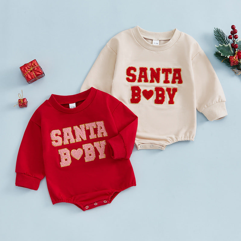 long sleeve cotton baby romper for winter holidays in red and apricot colors