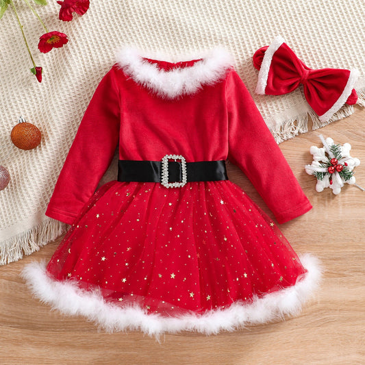 クリスマスベビードレスとヘッドバンドの正面全体写真