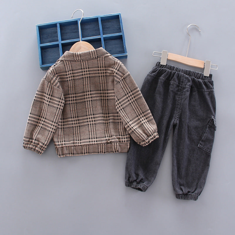 韓国風 チェック柄ジャケット&パンツ 2点セット 男の子 長袖 春秋カジュアルスーツ | Baby Boy Long Sleeve Plaid Jacket and Pants Set