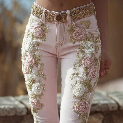 レトロピンクローズ 刺繍アートデニムパンツ エレガントスタイル レディース | Women's Retro Pink Rose Embroidered Artistic Jeans Elegant Style