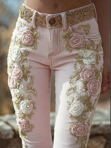 レトロピンクローズ 刺繍アートデニムパンツ エレガントスタイル レディース | Women's Retro Pink Rose Embroidered Artistic Jeans Elegant Style