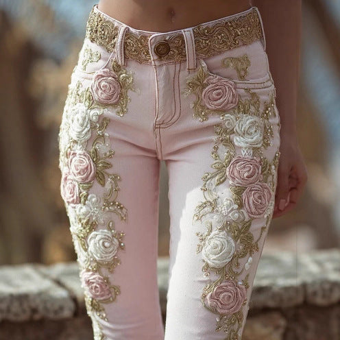 レトロピンクローズ 刺繍アートデニムパンツ エレガントスタイル レディース | Women's Retro Pink Rose Embroidered Artistic Jeans Elegant Style