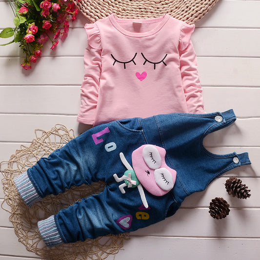 韓国風 綿スウェット&デニムビブ 2点セット 女の子 長袖 春秋カジュアル | Girls Korean Cotton Sweater Denim Bib Two-Piece Set Long Sleeve Spring Autumn Casual