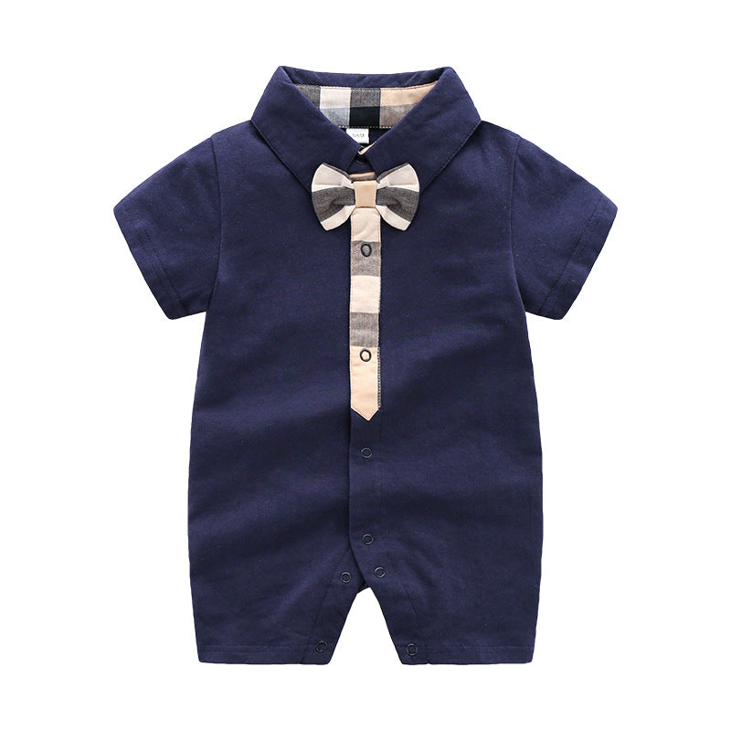 ベビー半袖ロンパース 綿素材 ジェントルマン風 サマークロッチ付き | Baby Gentleman Style Short Sleeve Cotton Romper Summer Closed Crotch