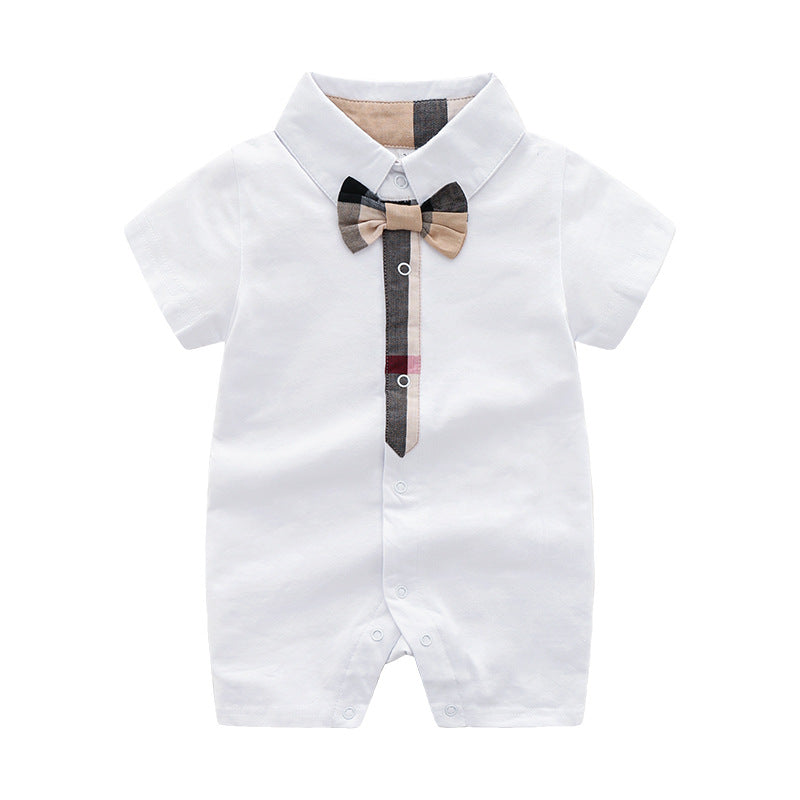 ベビー半袖ロンパース 綿素材 ジェントルマン風 サマークロッチ付き | Baby Gentleman Style Short Sleeve Cotton Romper Summer Closed Crotch