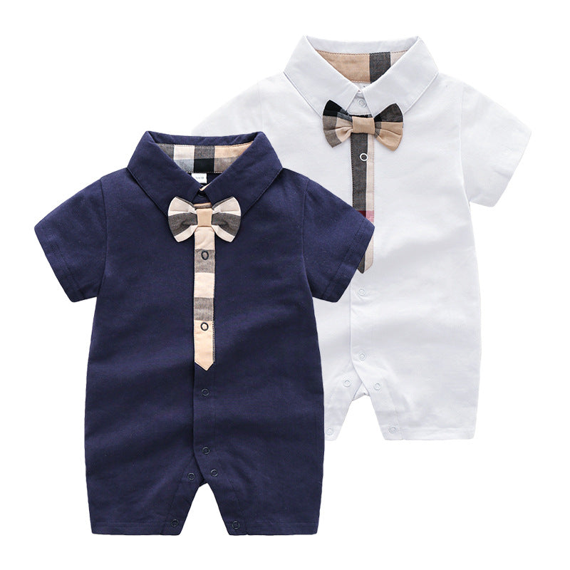 ベビー半袖ロンパース 綿素材 ジェントルマン風 サマークロッチ付き | Baby Gentleman Style Short Sleeve Cotton Romper Summer Closed Crotch