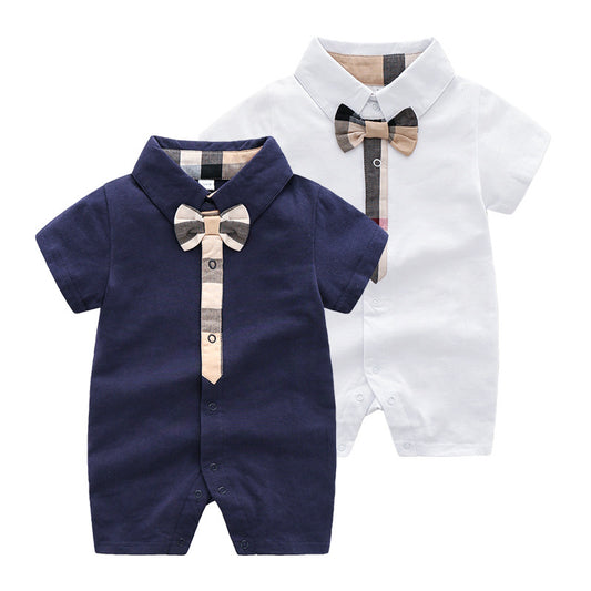 ベビー半袖ロンパース 綿素材 ジェントルマン風 サマークロッチ付き | Baby Gentleman Style Short Sleeve Cotton Romper Summer Closed Crotch
