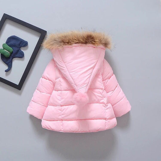 pink baby winter jacket with hood and fur trim