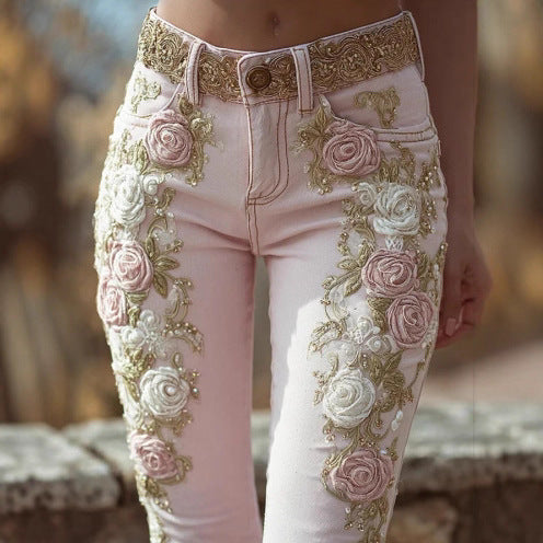 レトロピンクローズ 刺繍アートデニムパンツ エレガントスタイル レディース | Women's Retro Pink Rose Embroidered Artistic Jeans Elegant Style