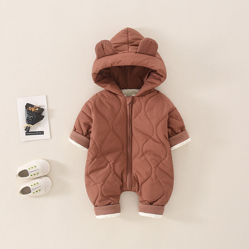 ベビー中綿ロンパース フード付き冬用カバーオール | Quilted Baby Winter Romper with Hood