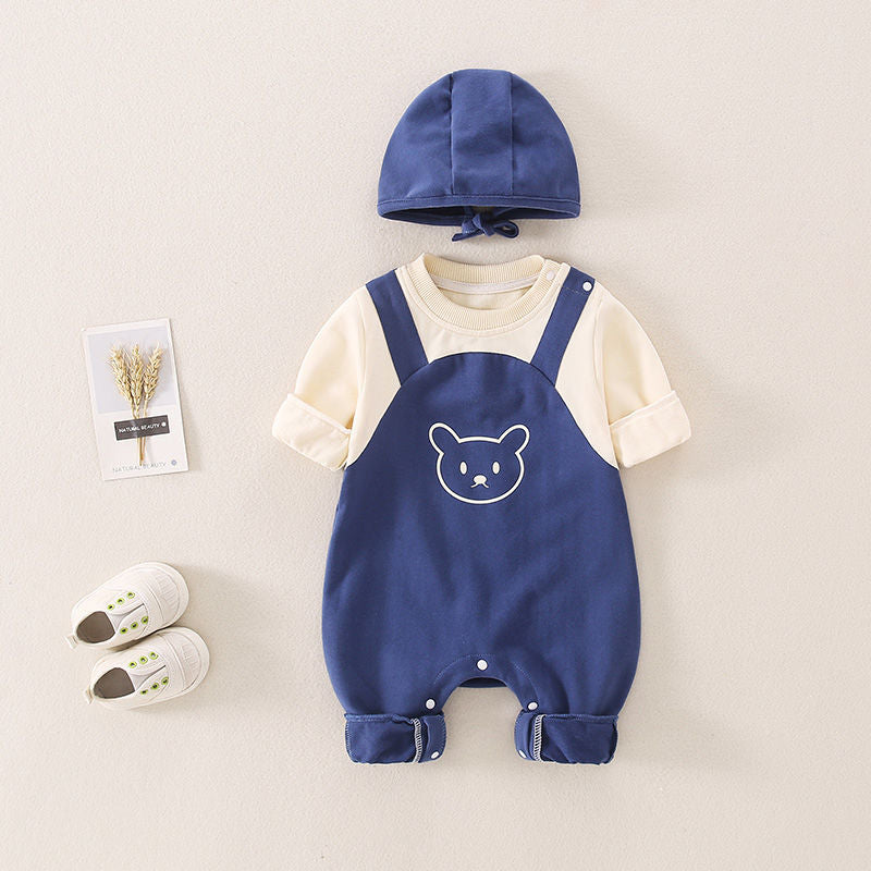 ベビー長袖ロンパース 帽子付き(春秋・綿100%・着脱フード) | Baby Long-Sleeve Romper with Hat (Spring/Autumn, 100% Cotton, Detachable Hood)