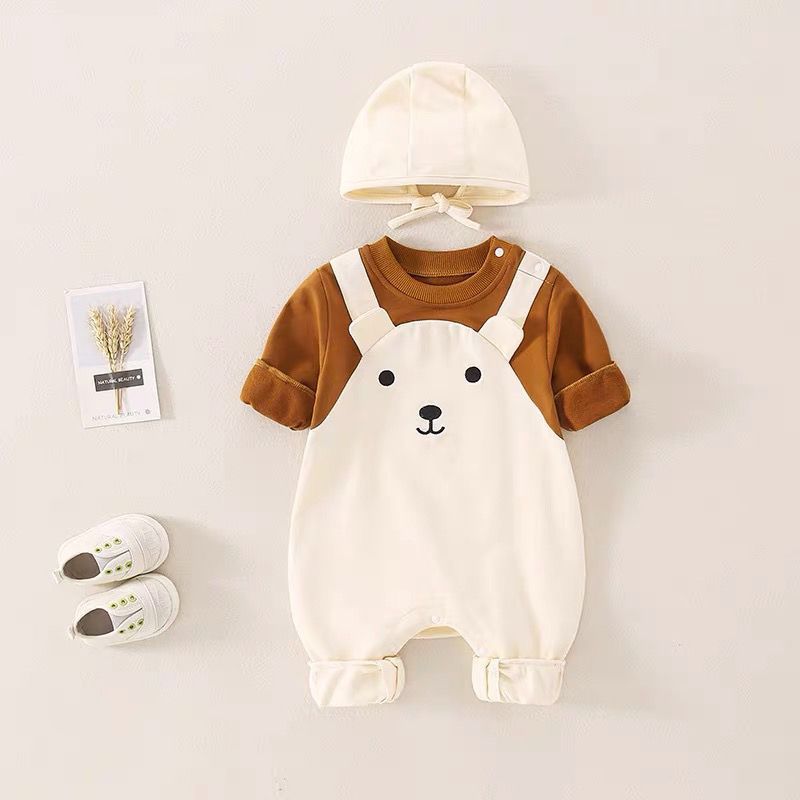 ベビー長袖ロンパース 帽子付き(春秋・綿100%・着脱フード) | Baby Long-Sleeve Romper with Hat (Spring/Autumn, 100% Cotton, Detachable Hood)