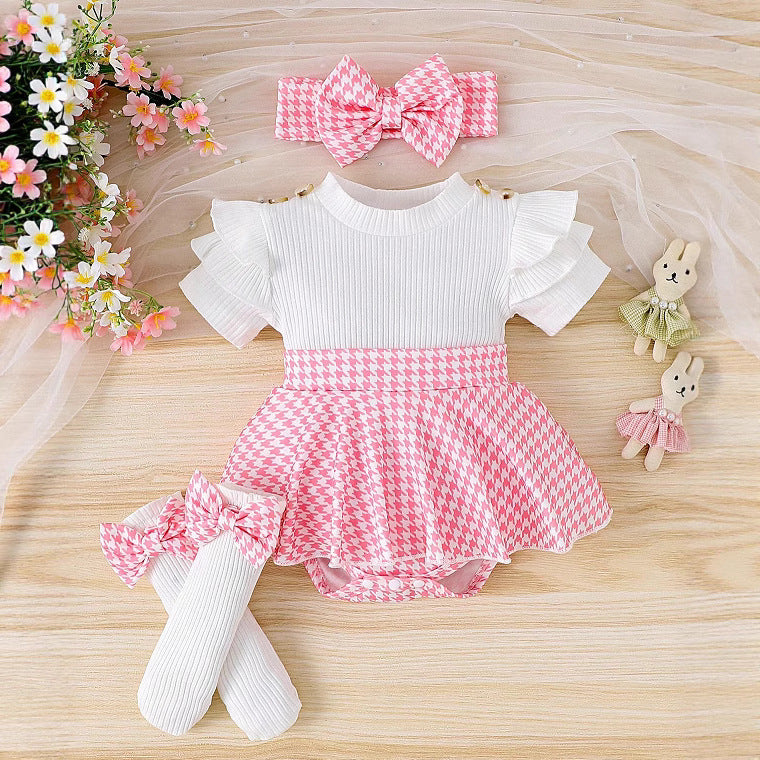 ベビードレス三点セット(夏・半袖・隠しボタン)|Baby Three-Piece Dress Set (Summer, Short Sleeve, Hidden Button)
