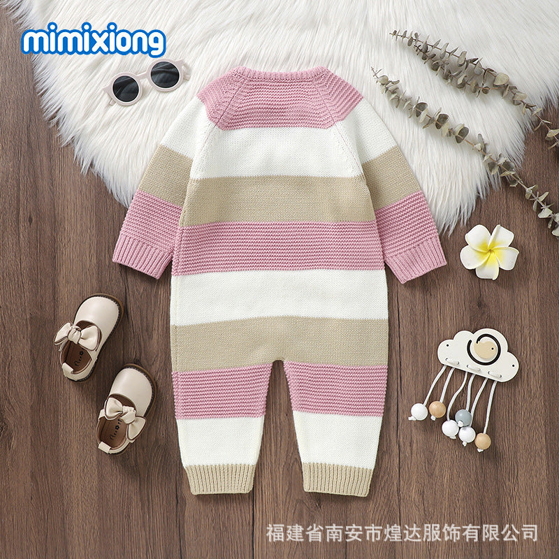 秋冬ベビーニットジャンプスーツ(ボーダー・前ボタン)|Autumn & Winter Knitted Baby Jumpsuit (Striped, Single-Breasted)