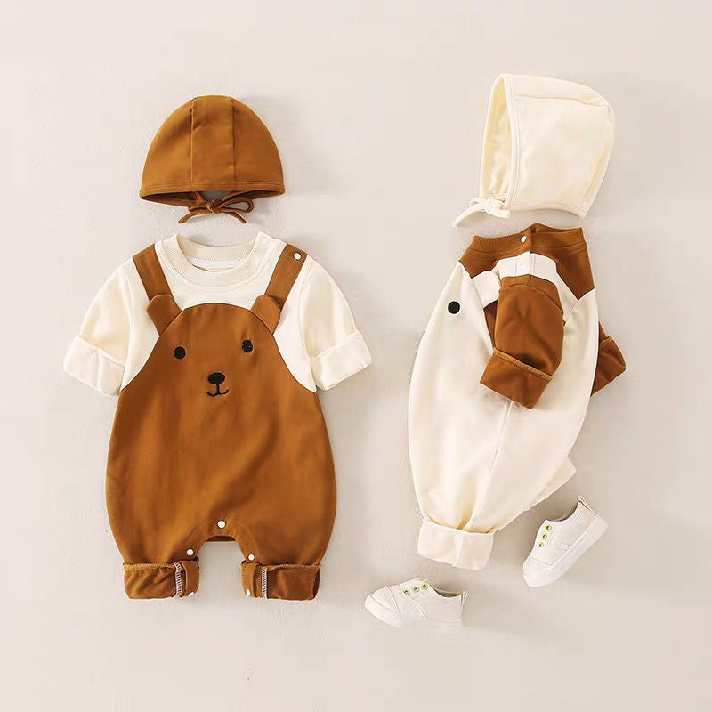 ベビー長袖ロンパース 帽子付き(春秋・綿100%・着脱フード) | Baby Long-Sleeve Romper with Hat (Spring/Autumn, 100% Cotton, Detachable Hood)