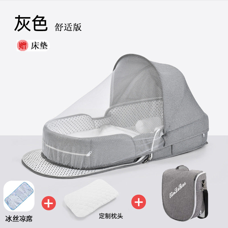 ベビー折りたたみポータブルベッド(蚊帳・マット・おむつ替えパッド付き) | Portable Foldable Baby Bed (Mosquito Net, Mat & Diaper Pad)
