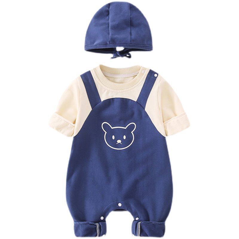 ベビー長袖ロンパース 帽子付き(春秋・綿100%・着脱フード) | Baby Long-Sleeve Romper with Hat (Spring/Autumn, 100% Cotton, Detachable Hood)