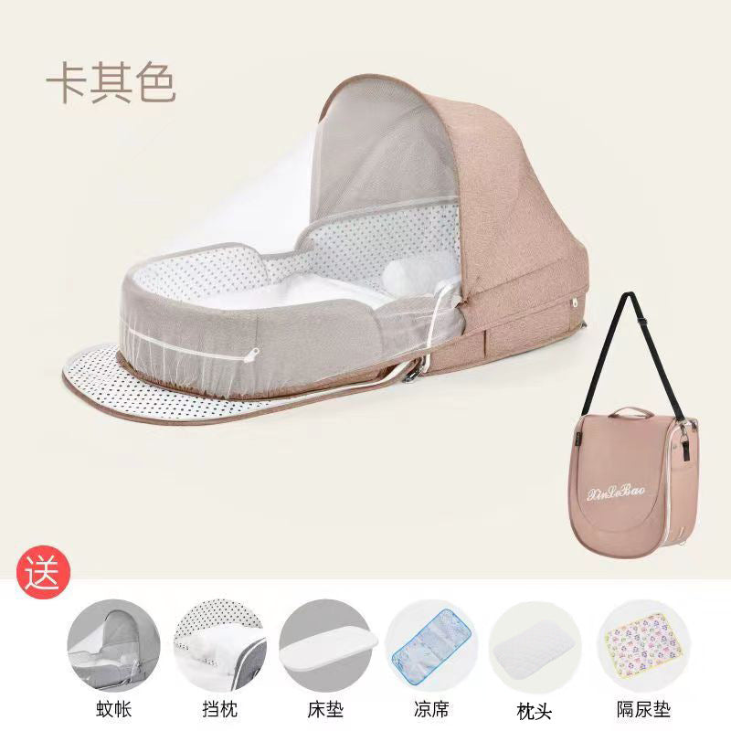 ベビー折りたたみポータブルベッド(蚊帳・マット・おむつ替えパッド付き) | Portable Foldable Baby Bed (Mosquito Net, Mat & Diaper Pad)