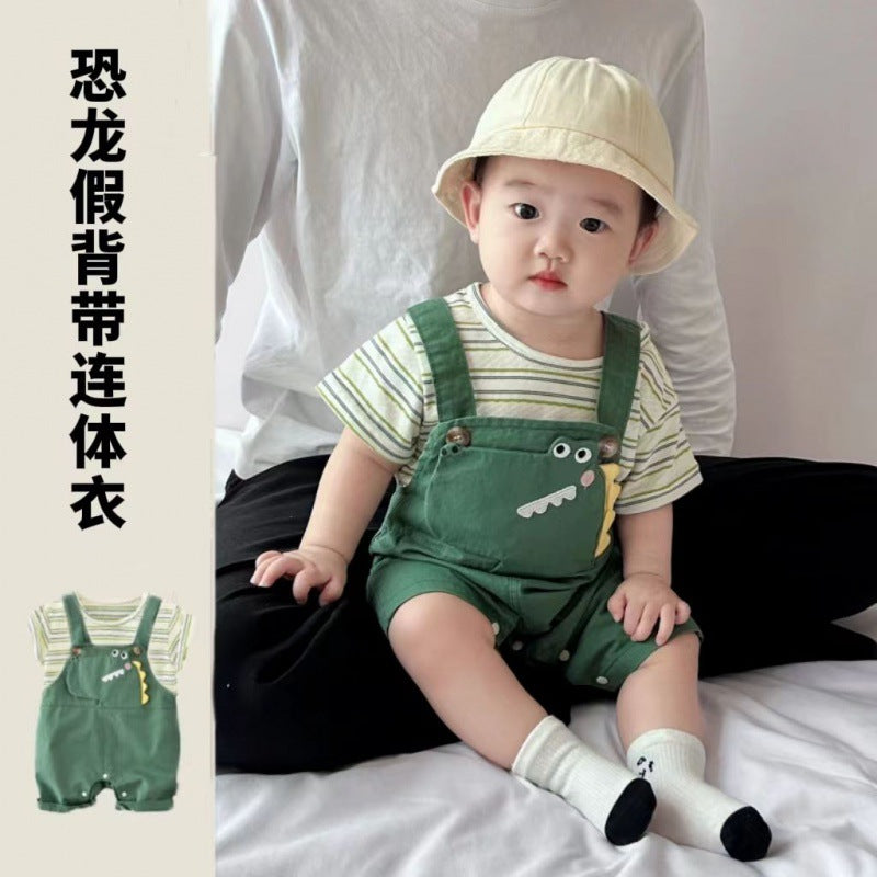 恐竜風フェイクサスペンダー半袖ロンパース | Dinosaur Faux Suspenders Half-Sleeve Jumpsuit