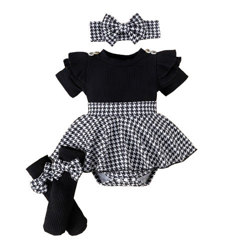 ベビードレス三点セット(夏・半袖・隠しボタン)|Baby Three-Piece Dress Set (Summer, Short Sleeve, Hidden Button)