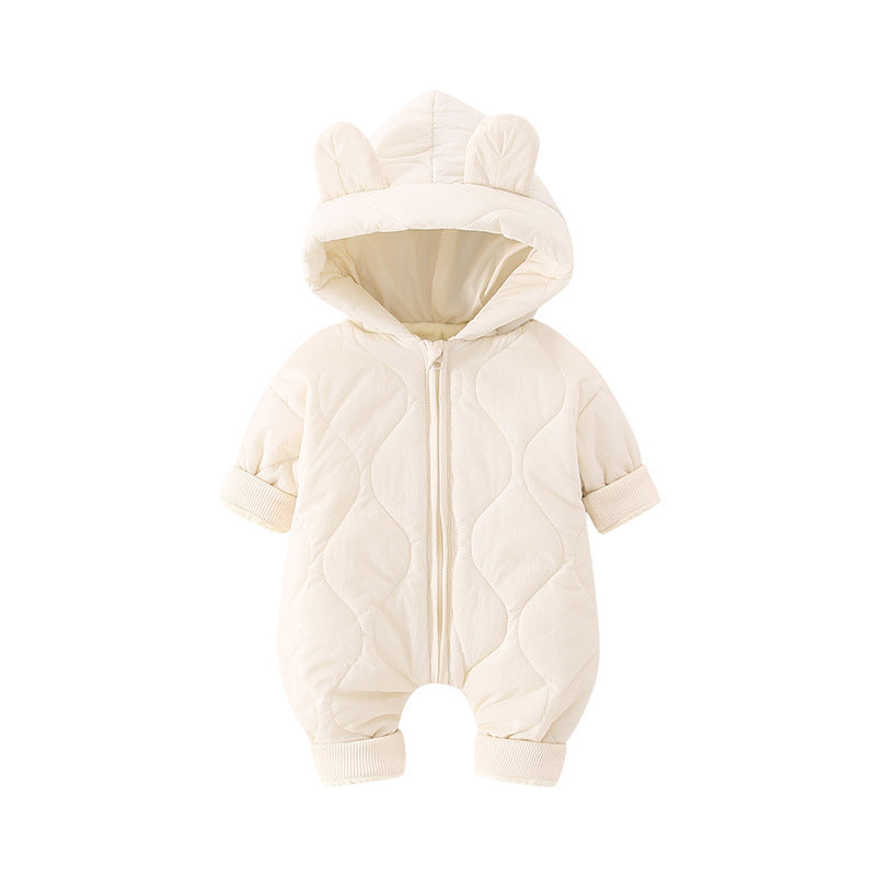 ベビー中綿ロンパース フード付き冬用カバーオール | Quilted Baby Winter Romper with Hood