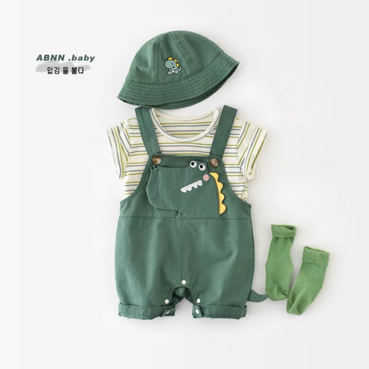 恐竜風フェイクサスペンダー半袖ロンパース | Dinosaur Faux Suspenders Half-Sleeve Jumpsuit