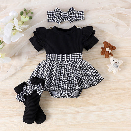 ベビードレス三点セット(夏・半袖・隠しボタン)|Baby Three-Piece Dress Set (Summer, Short Sleeve, Hidden Button)