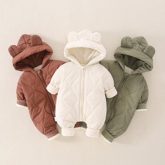 ベビー中綿ロンパース フード付き冬用カバーオール | Quilted Baby Winter Romper with Hood
