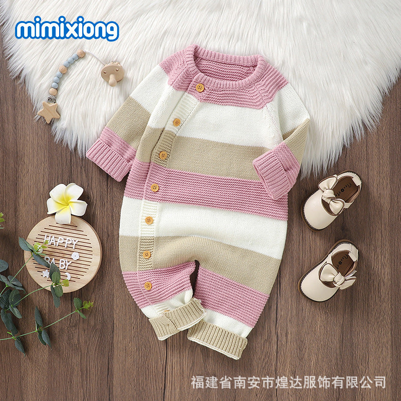 秋冬ベビーニットジャンプスーツ(ボーダー・前ボタン)|Autumn & Winter Knitted Baby Jumpsuit (Striped, Single-Breasted)