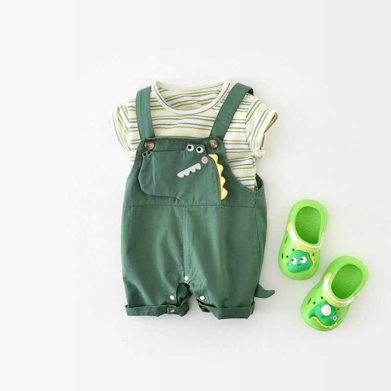 恐竜風フェイクサスペンダー半袖ロンパース | Dinosaur Faux Suspenders Half-Sleeve Jumpsuit