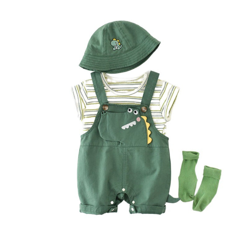 恐竜風フェイクサスペンダー半袖ロンパース | Dinosaur Faux Suspenders Half-Sleeve Jumpsuit