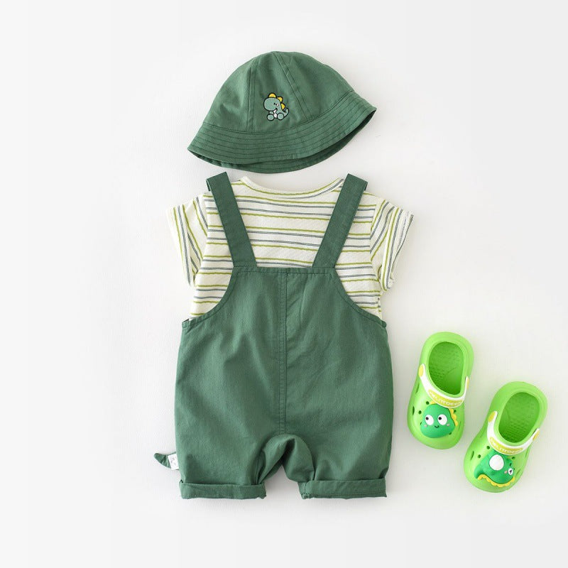 恐竜風フェイクサスペンダー半袖ロンパース | Dinosaur Faux Suspenders Half-Sleeve Jumpsuit