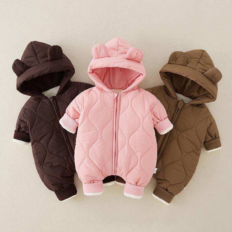 ベビー中綿ロンパース フード付き冬用カバーオール | Quilted Baby Winter Romper with Hood