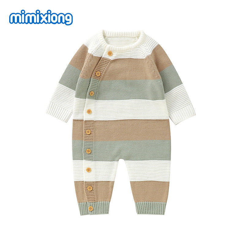 秋冬ベビーニットジャンプスーツ(ボーダー・前ボタン)|Autumn & Winter Knitted Baby Jumpsuit (Striped, Single-Breasted)