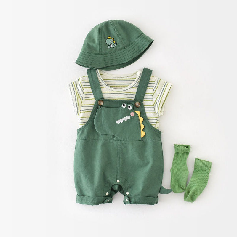 恐竜風フェイクサスペンダー半袖ロンパース | Dinosaur Faux Suspenders Half-Sleeve Jumpsuit